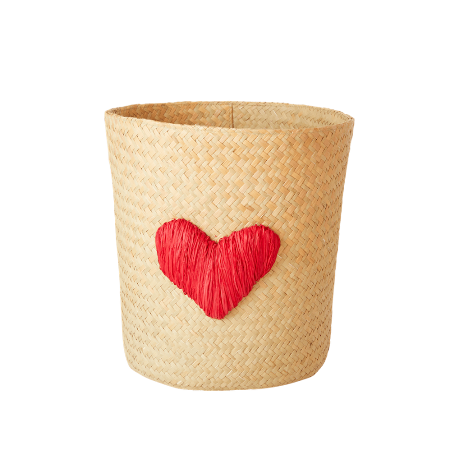 Raffia Storage Basket Embroidered Heart Rice DK